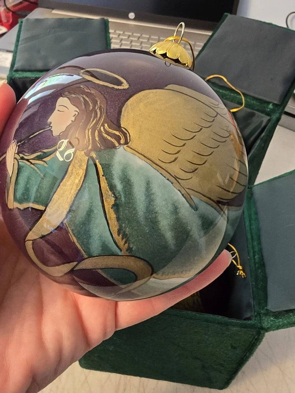 Four 1999 Pier 1 Li Bien Reverse Painted Angel Playing Horn Trumpet Ornaments